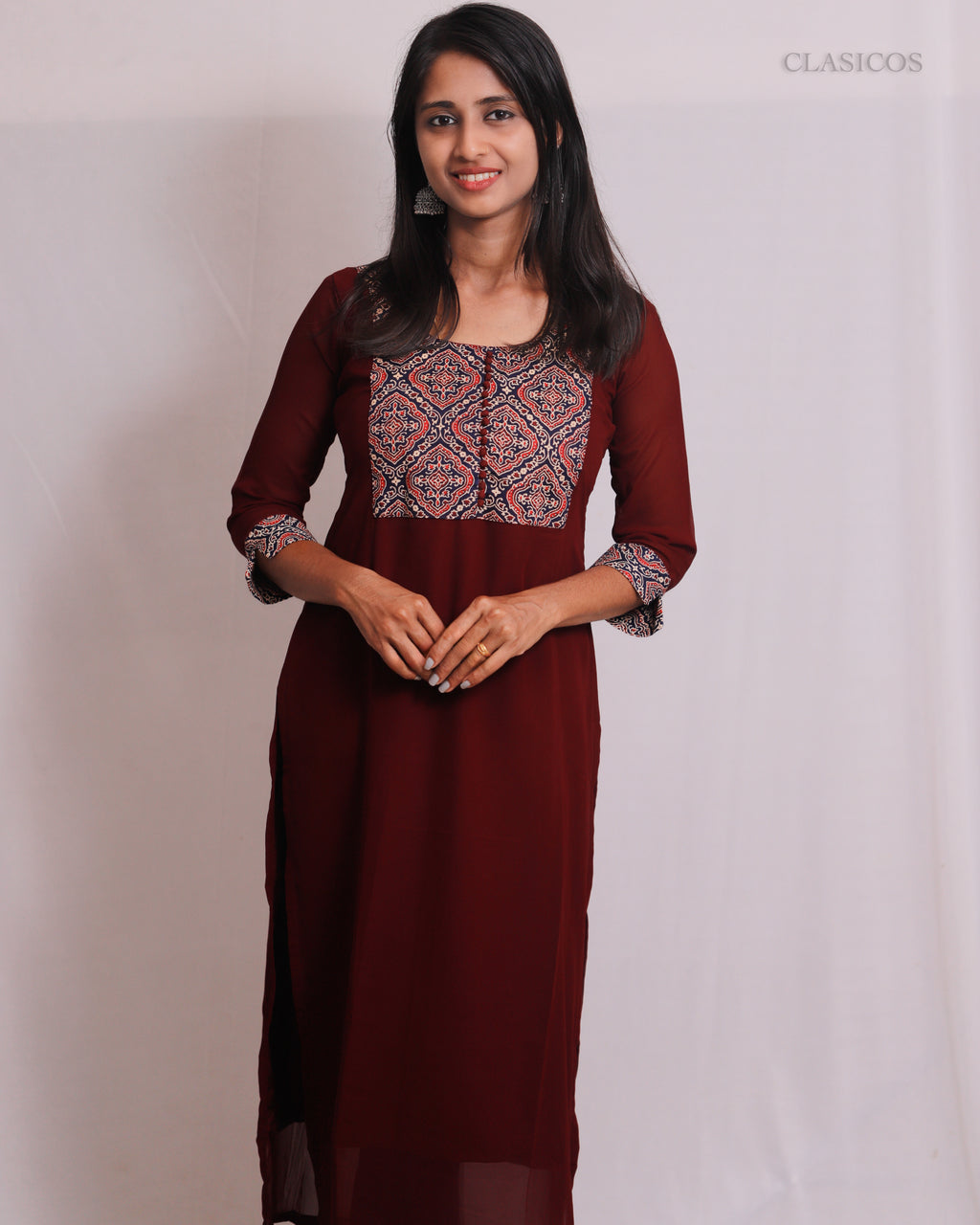 Women's Georgette Kurti with Pure Cotton Ajrakh Patch - CLS0111