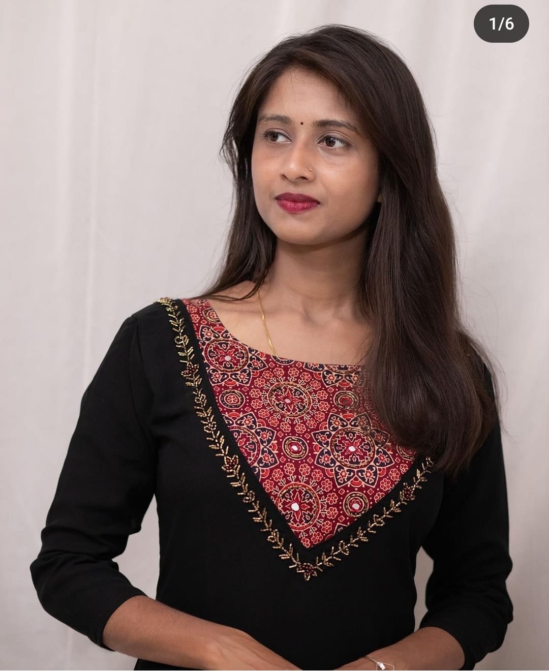 Georgette A-Line Kurti with Ajrakh Patch & Mirror Work on Yoke