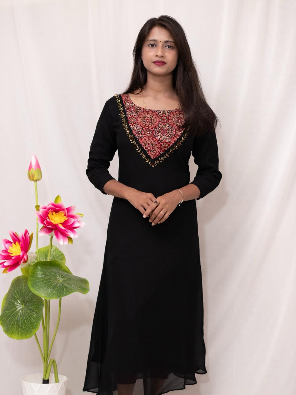 Georgette A-Line Kurti with Ajrakh Patch & Mirror Work on Yoke