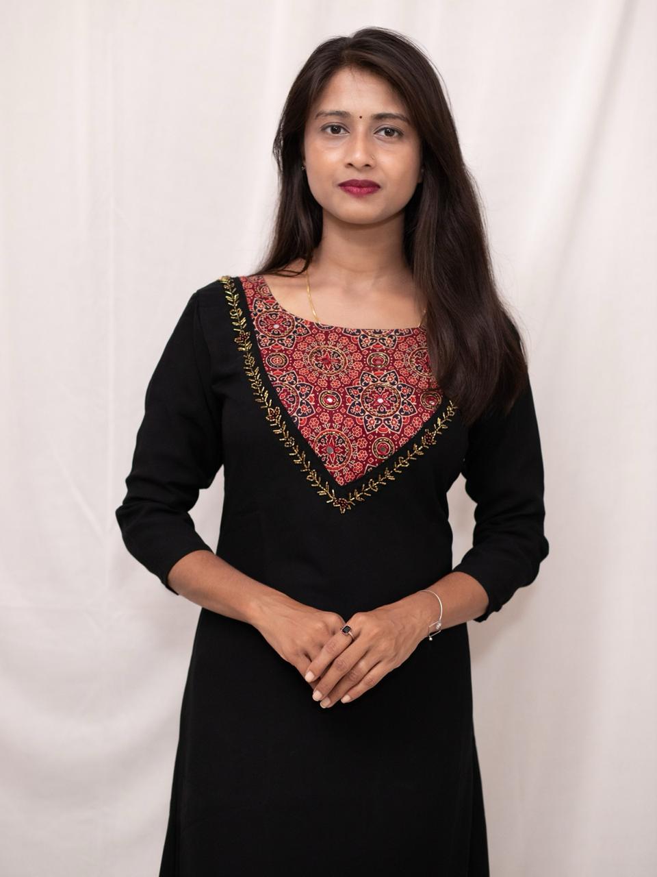 Georgette A-Line Kurti with Ajrakh Patch & Mirror Work on Yoke