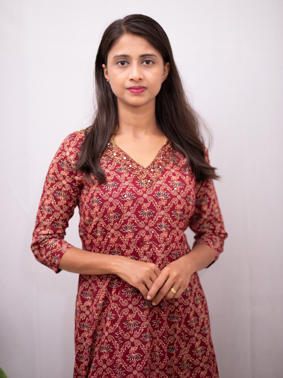 Pure Cotton Ajrakh Printed Panel Cut Dress with Handwork
