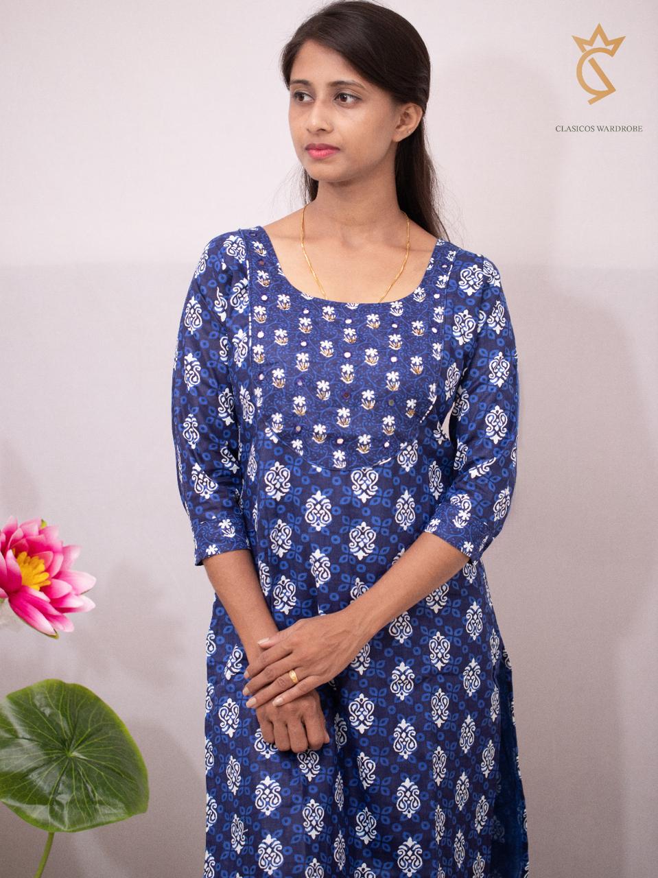 Indigo Cotton Kurti with Ajrakh Print