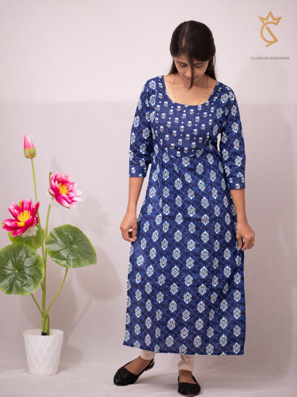 Indigo Cotton Kurti with Ajrakh Print