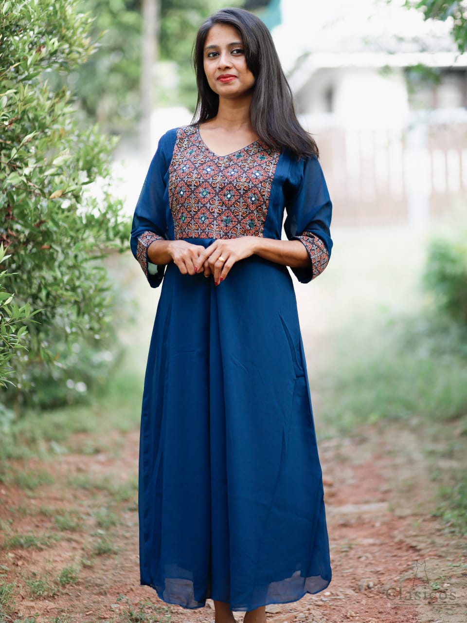Georgette A-Line Kurti with Ajrakh Patch
