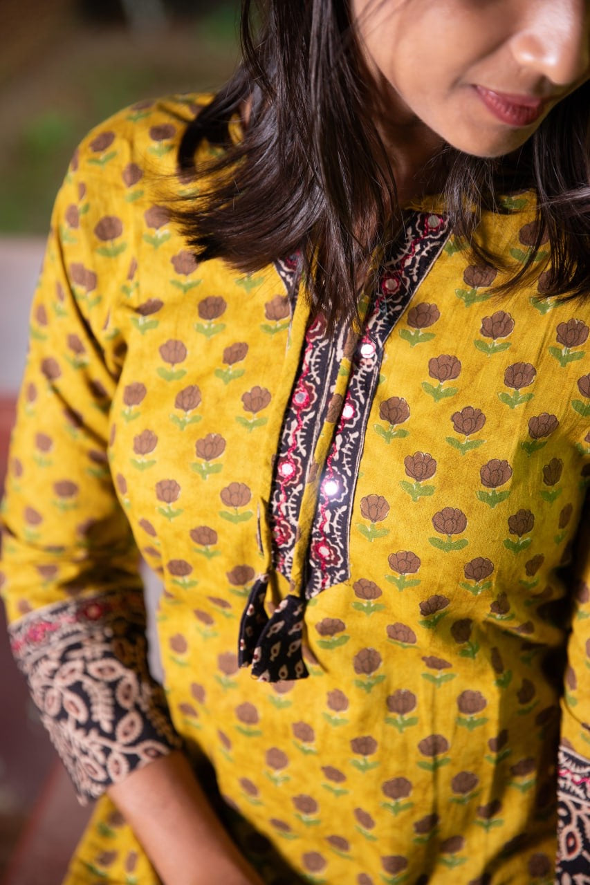 Pure Cotton Block-Printed Short Kurti with Kutchi Work - CLS0086