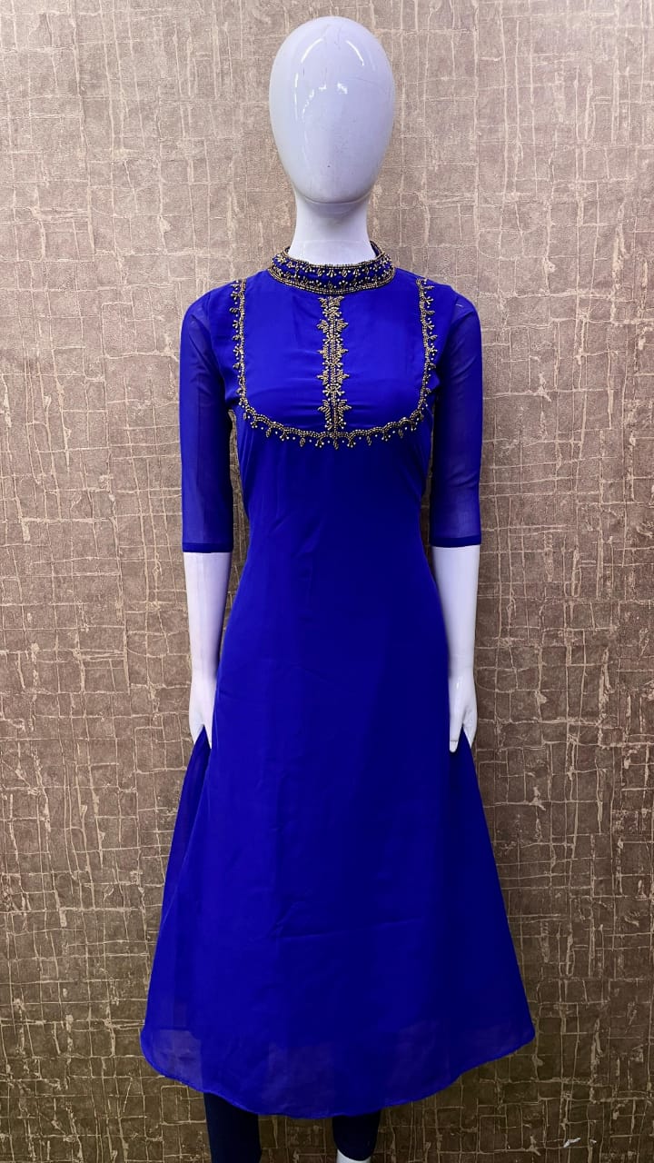 Georgette A-Line Partywear Kurti with Heavy Handwork on Yoke