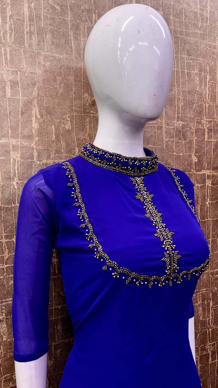 Georgette A-Line Partywear Kurti with Heavy Handwork on Yoke