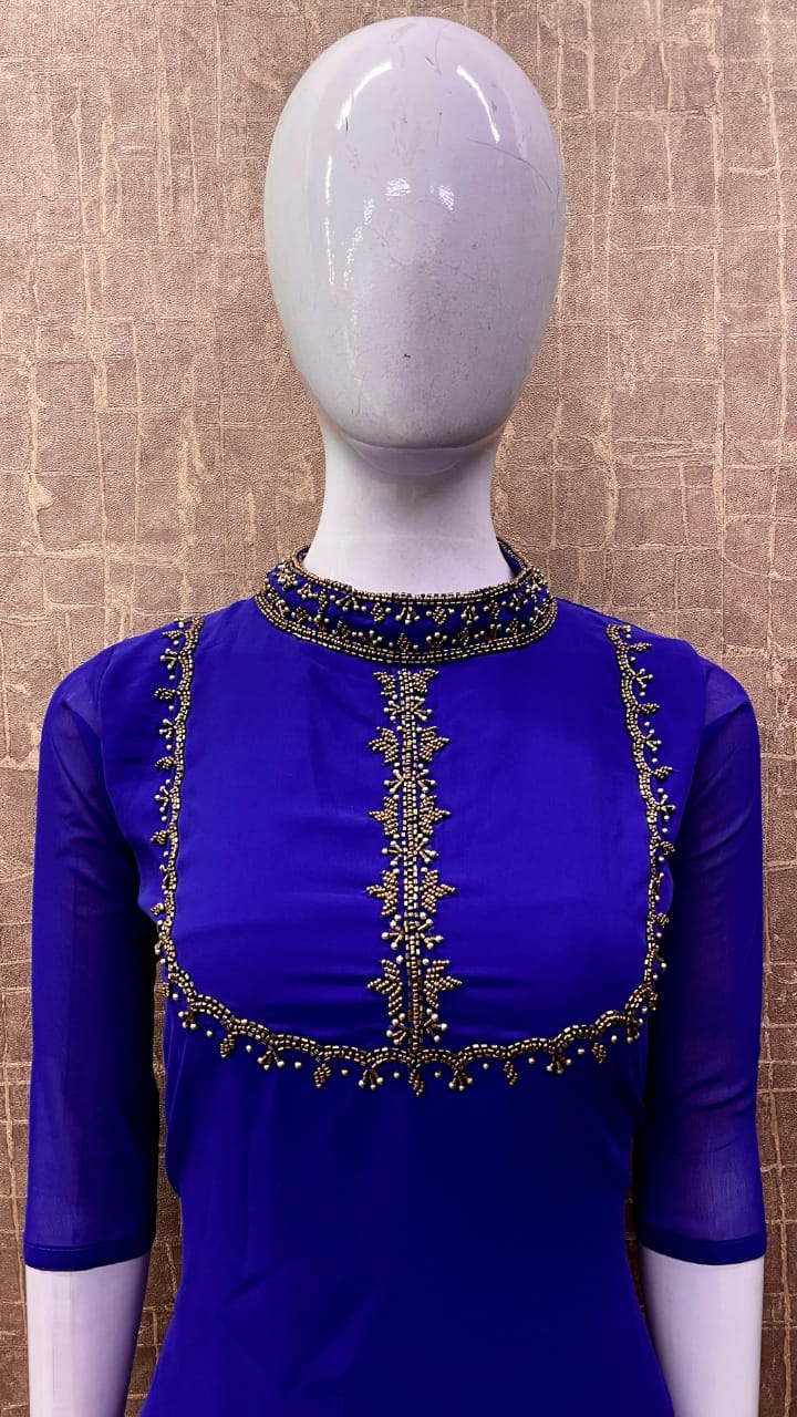 Georgette A-Line Partywear Kurti with Heavy Handwork on Yoke