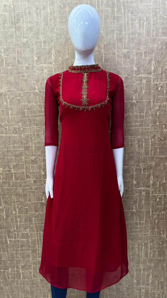 Georgette A-Line Partywear Kurti with Heavy Handwork on Yoke