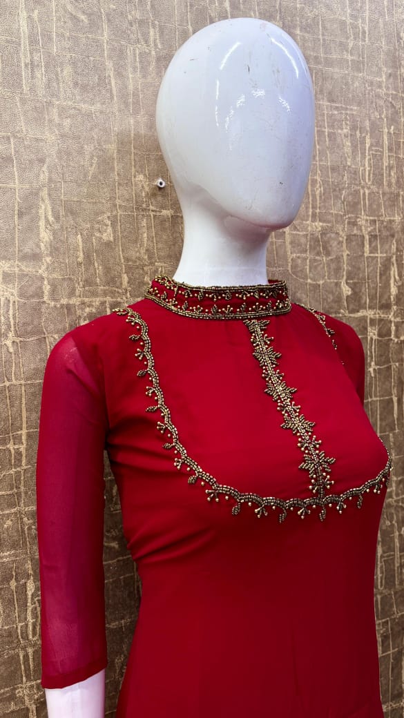 Georgette A-Line Partywear Kurti with Heavy Handwork on Yoke