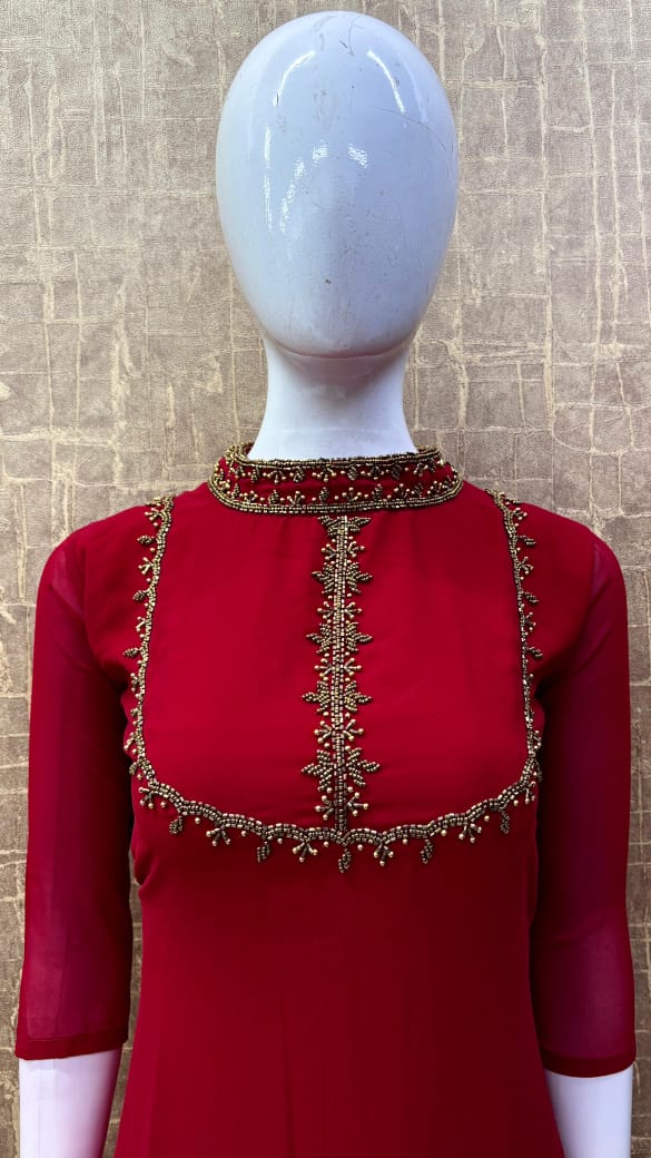 Georgette A-Line Partywear Kurti with Heavy Handwork on Yoke