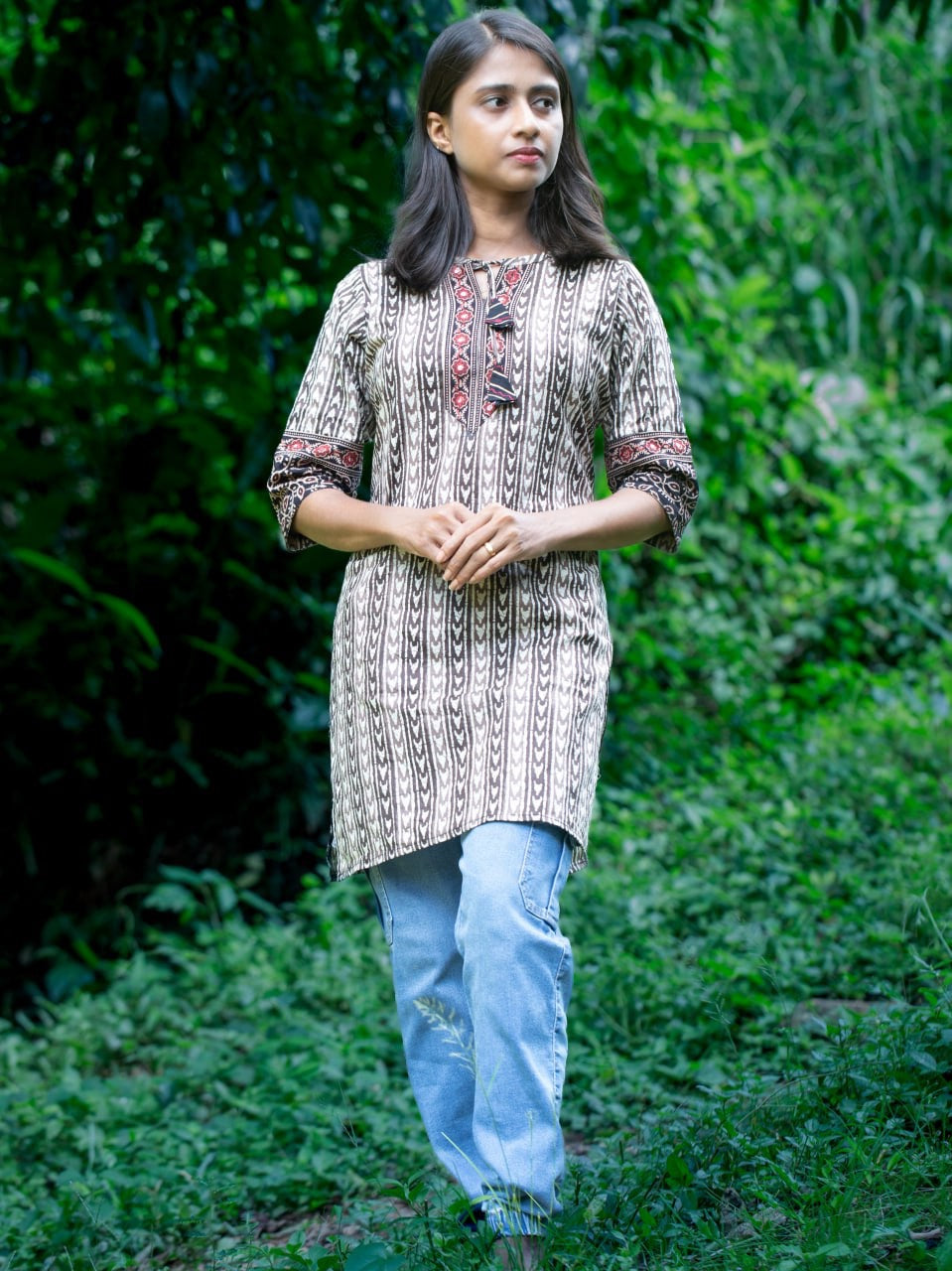 Pure Cotton Block-Printed Short Kurti with Kutchi Work - CLS0086