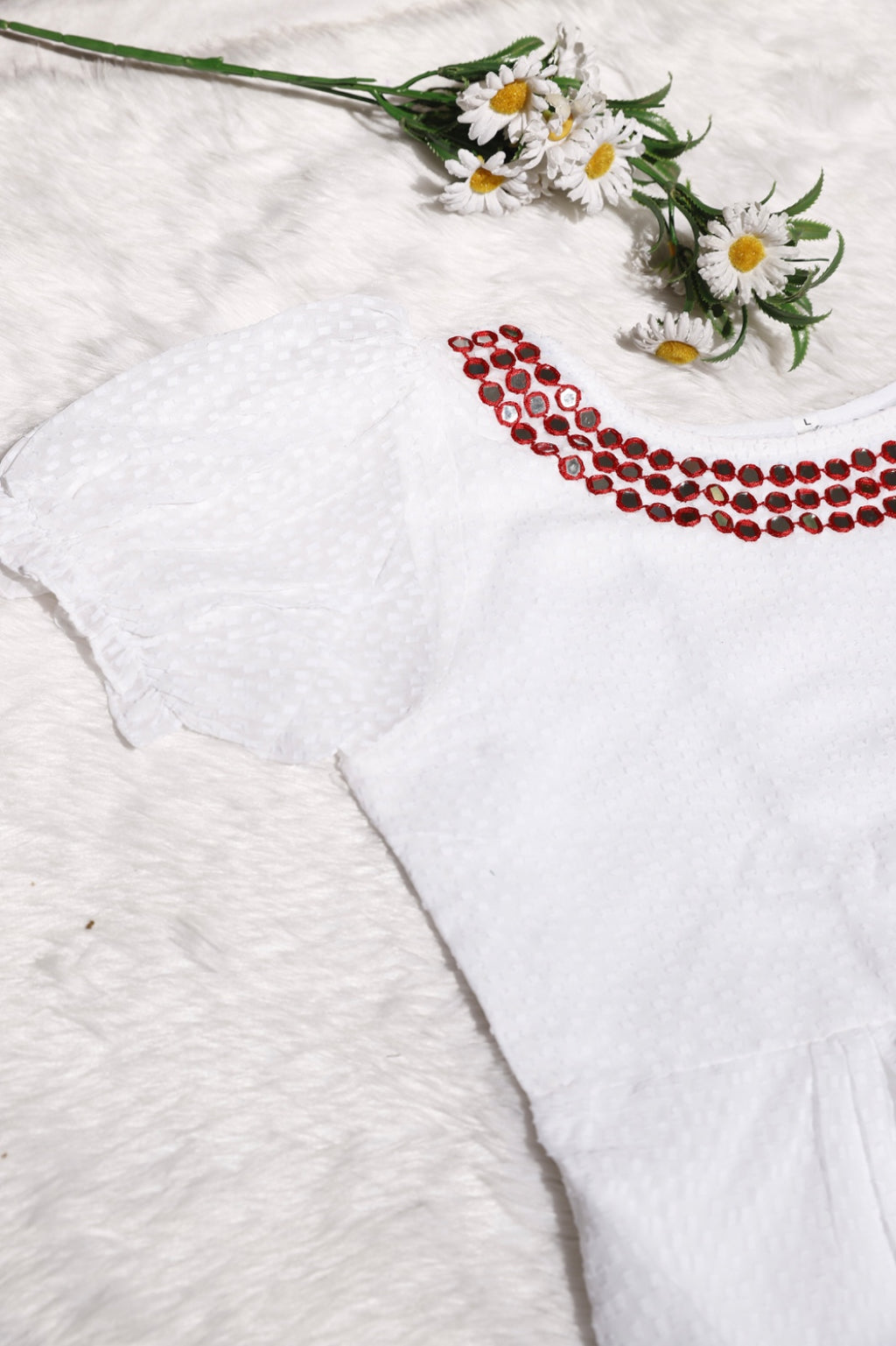 White Soft Georgette Dress with All-Over Buttas & Mirror Work Neckline