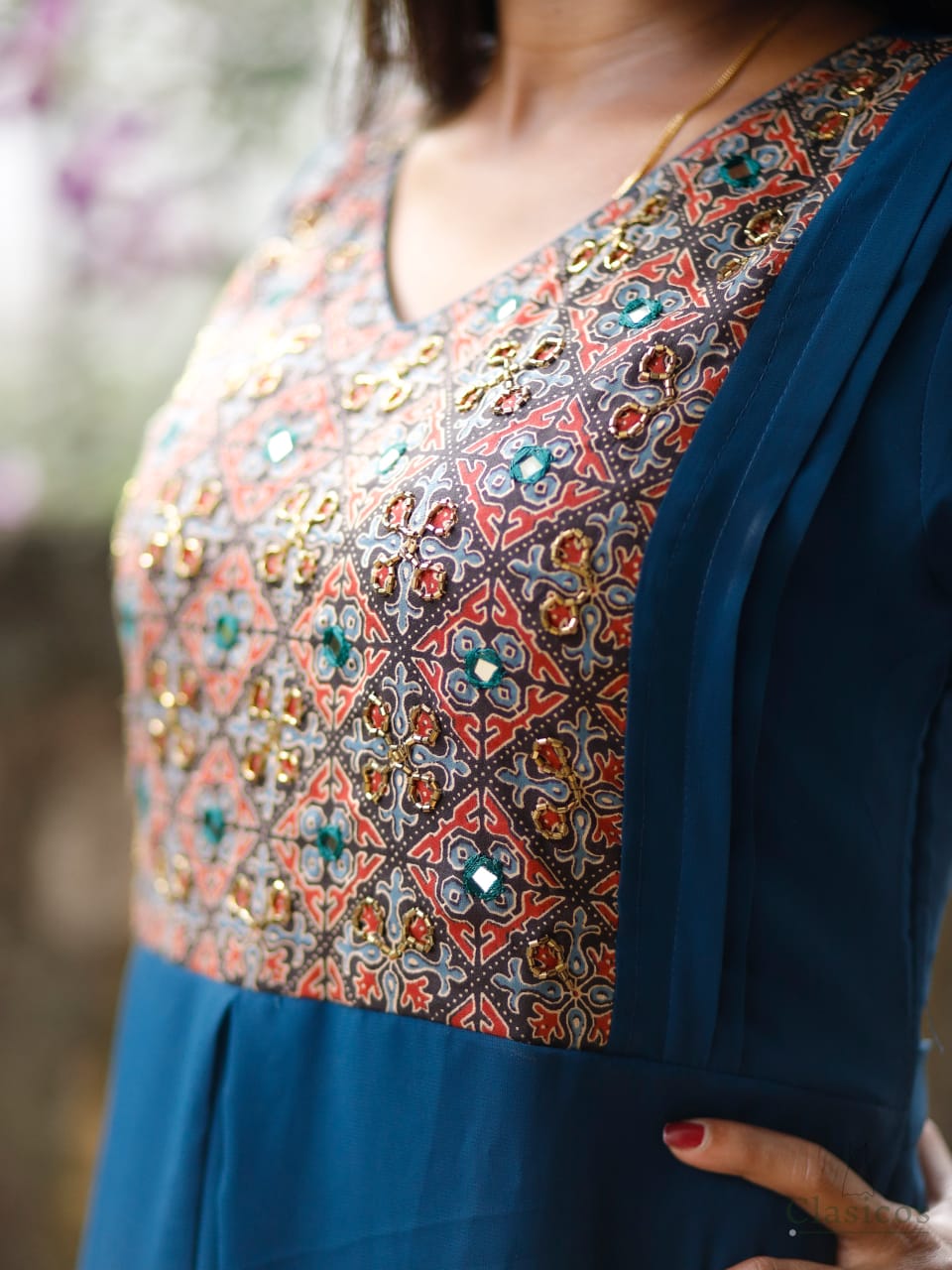 Georgette A-Line Kurti with Ajrakh Patch