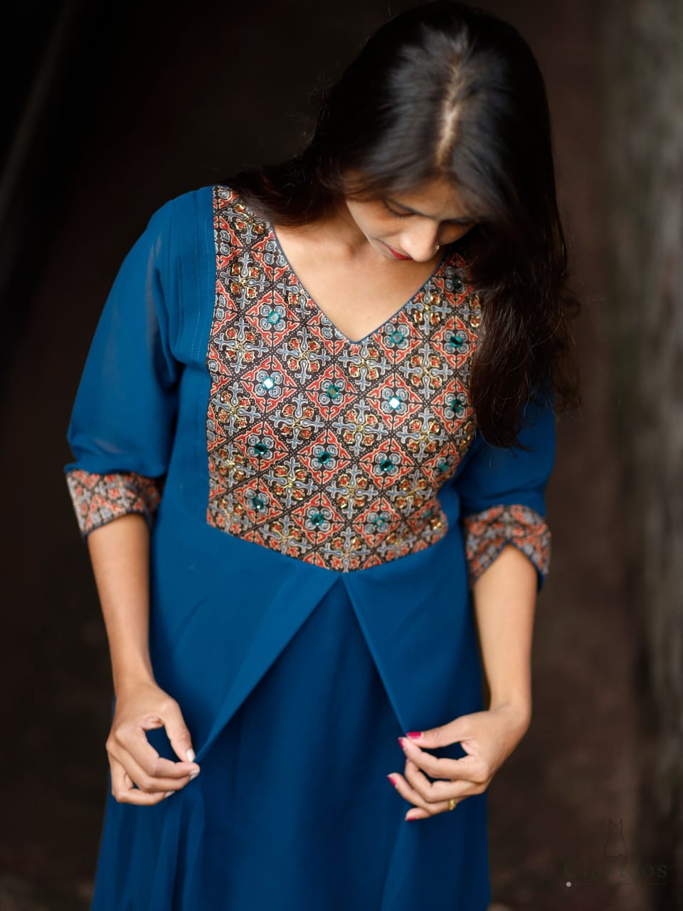 Georgette A-Line Kurti with Ajrakh Patch