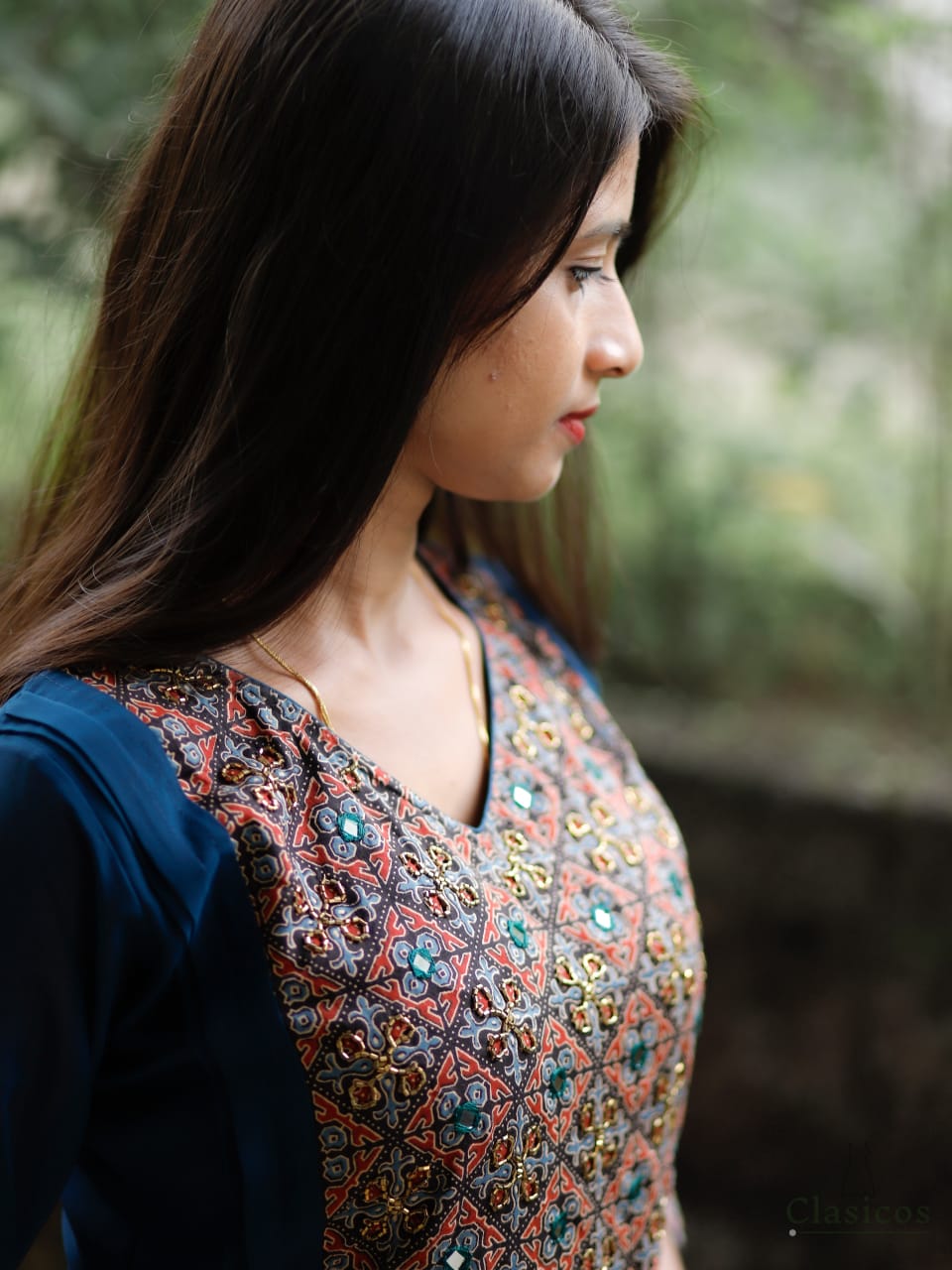 Georgette A-Line Kurti with Ajrakh Patch