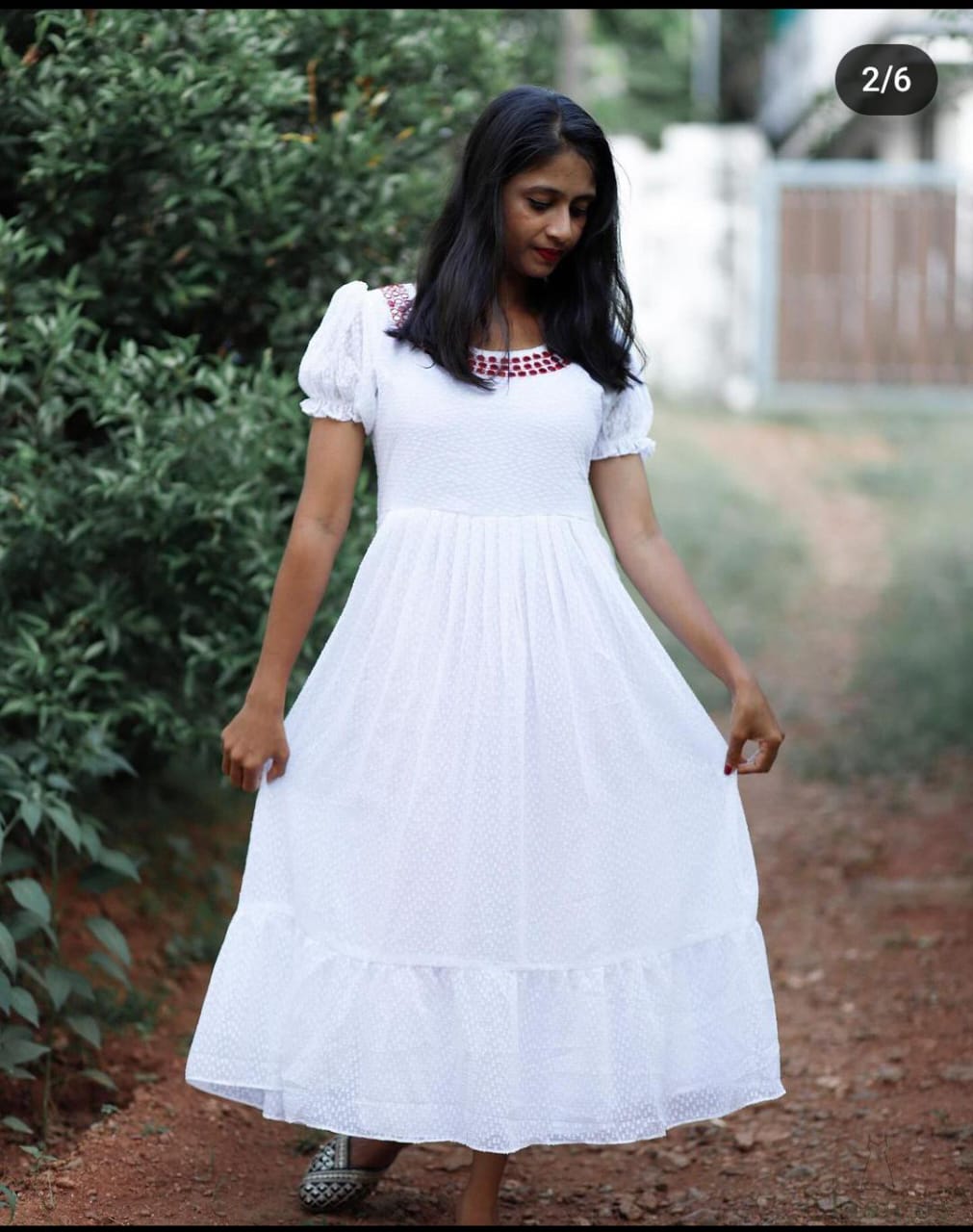White Soft Georgette Dress with All-Over Buttas & Mirror Work Neckline