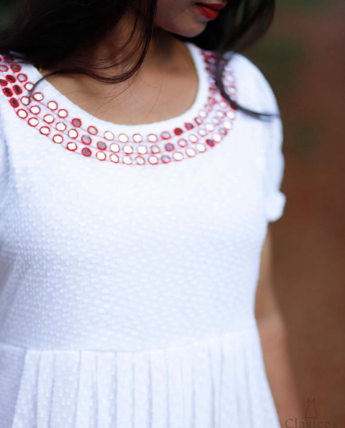 White Soft Georgette Dress with All-Over Buttas & Mirror Work Neckline