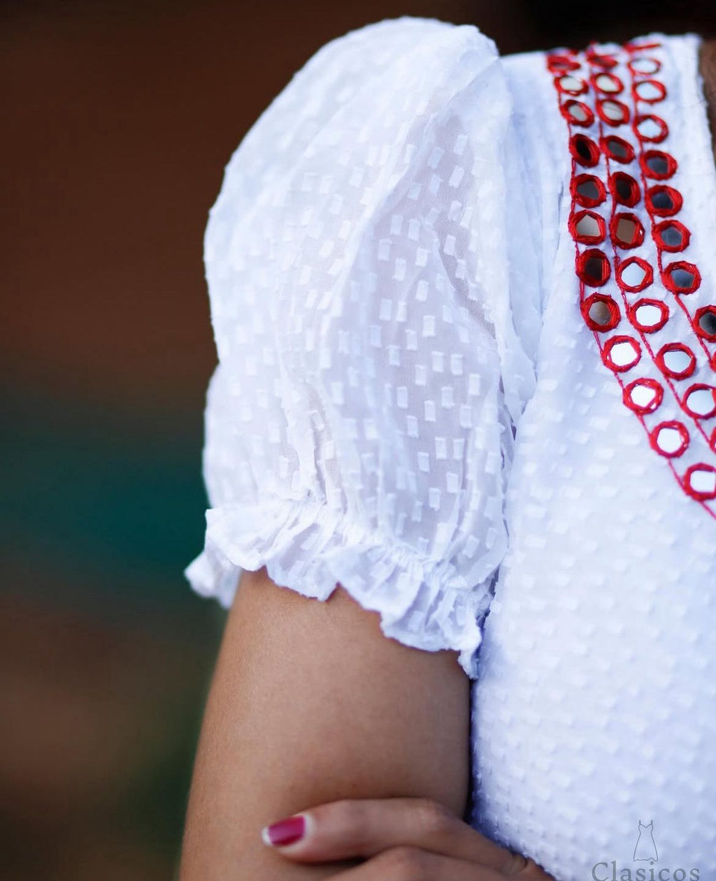 White Soft Georgette Dress with All-Over Buttas & Mirror Work Neckline