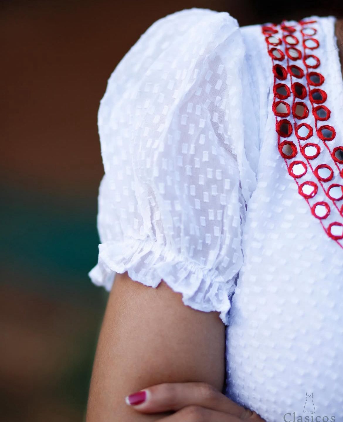 White Soft Georgette Dress with All-Over Buttas & Mirror Work Neckline
