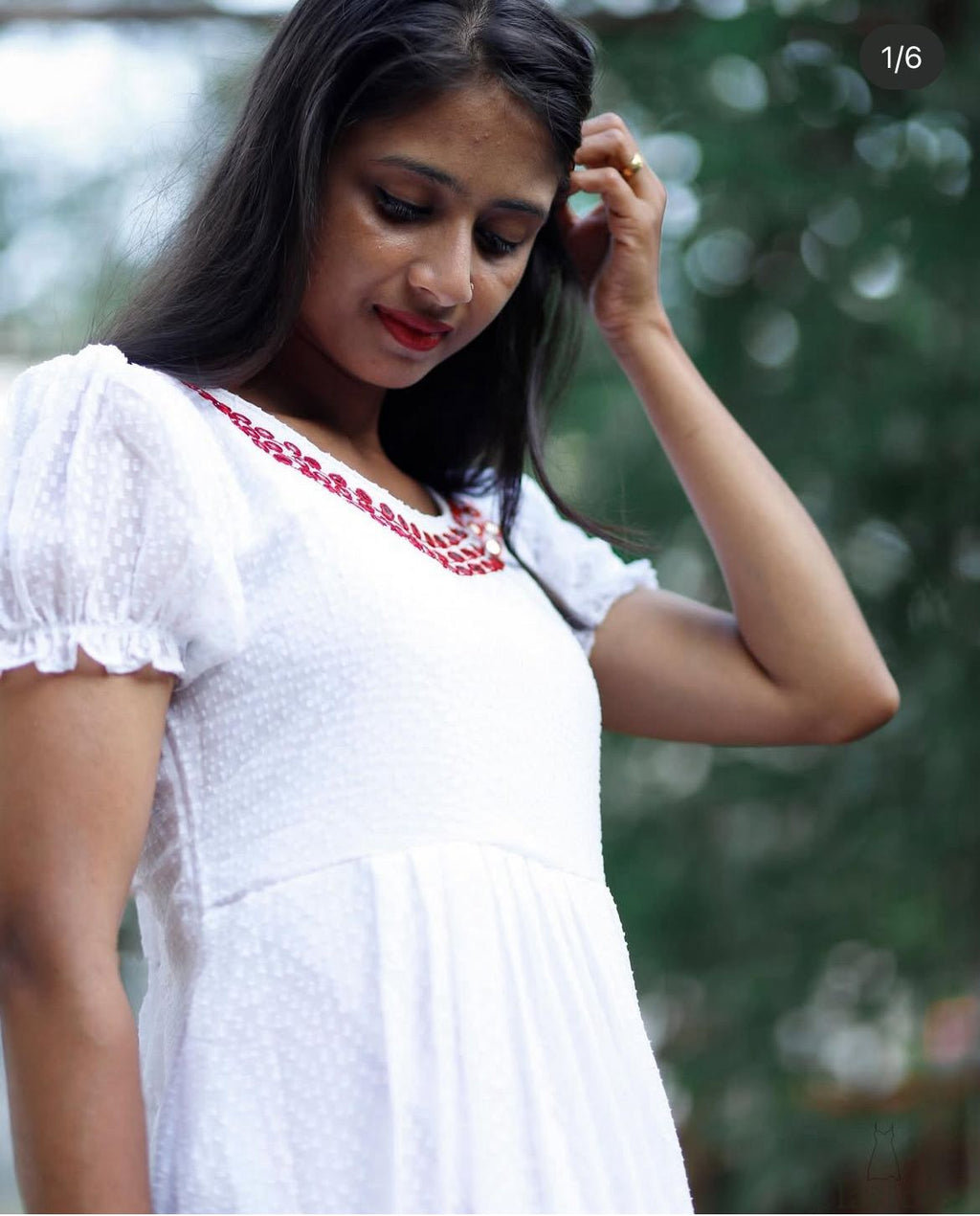 White Soft Georgette Dress with All-Over Buttas & Mirror Work Neckline