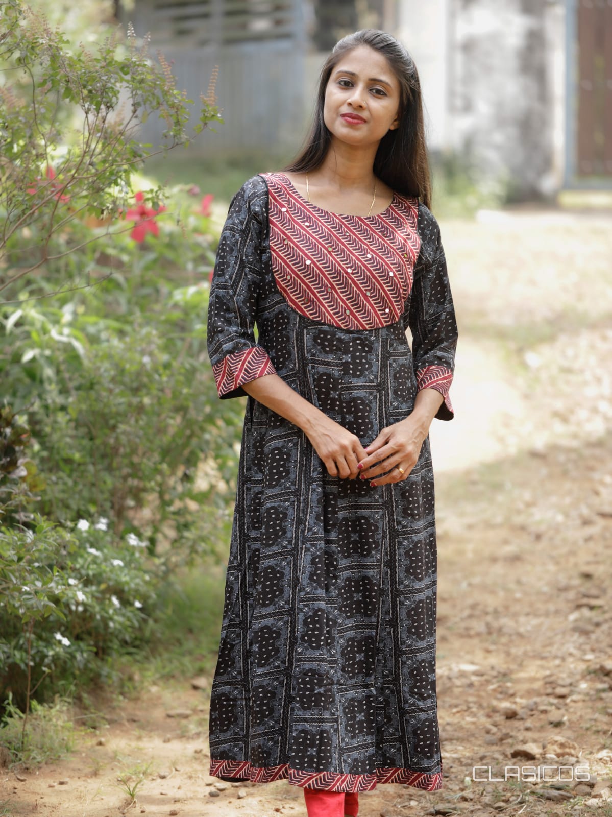 Rayon Panel Cut Kurti with Mirror Work & Back Tie Detail