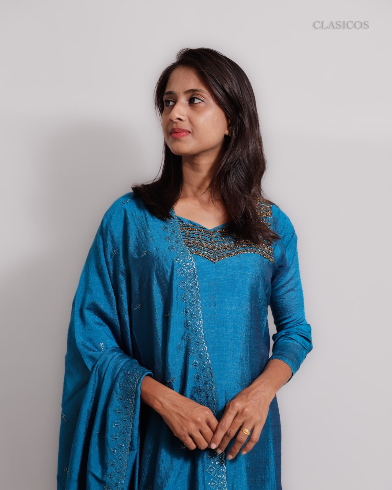 Vijithra Silk Fully Stitched Top and Dupatta Set for Women – Handworked Yoke with Crepe Lining