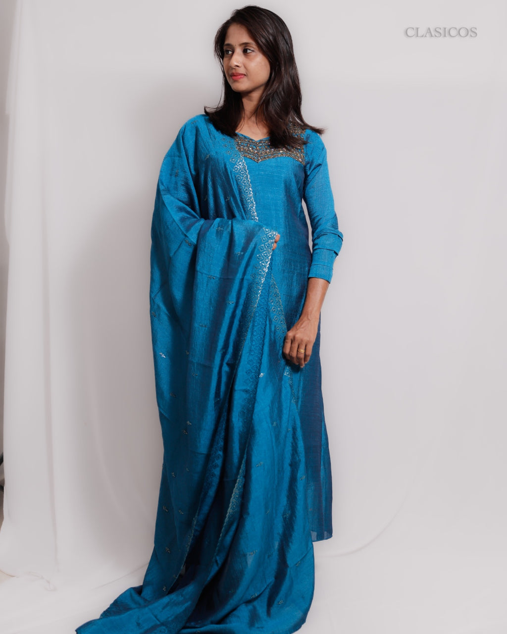 Vijithra Silk Fully Stitched Top and Dupatta Set for Women – Handworked Yoke with Crepe Lining