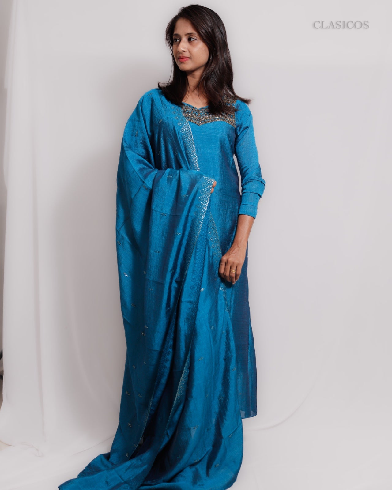 Vijithra Silk Fully Stitched Top and Dupatta Set for Women – Handworked Yoke with Crepe Lining