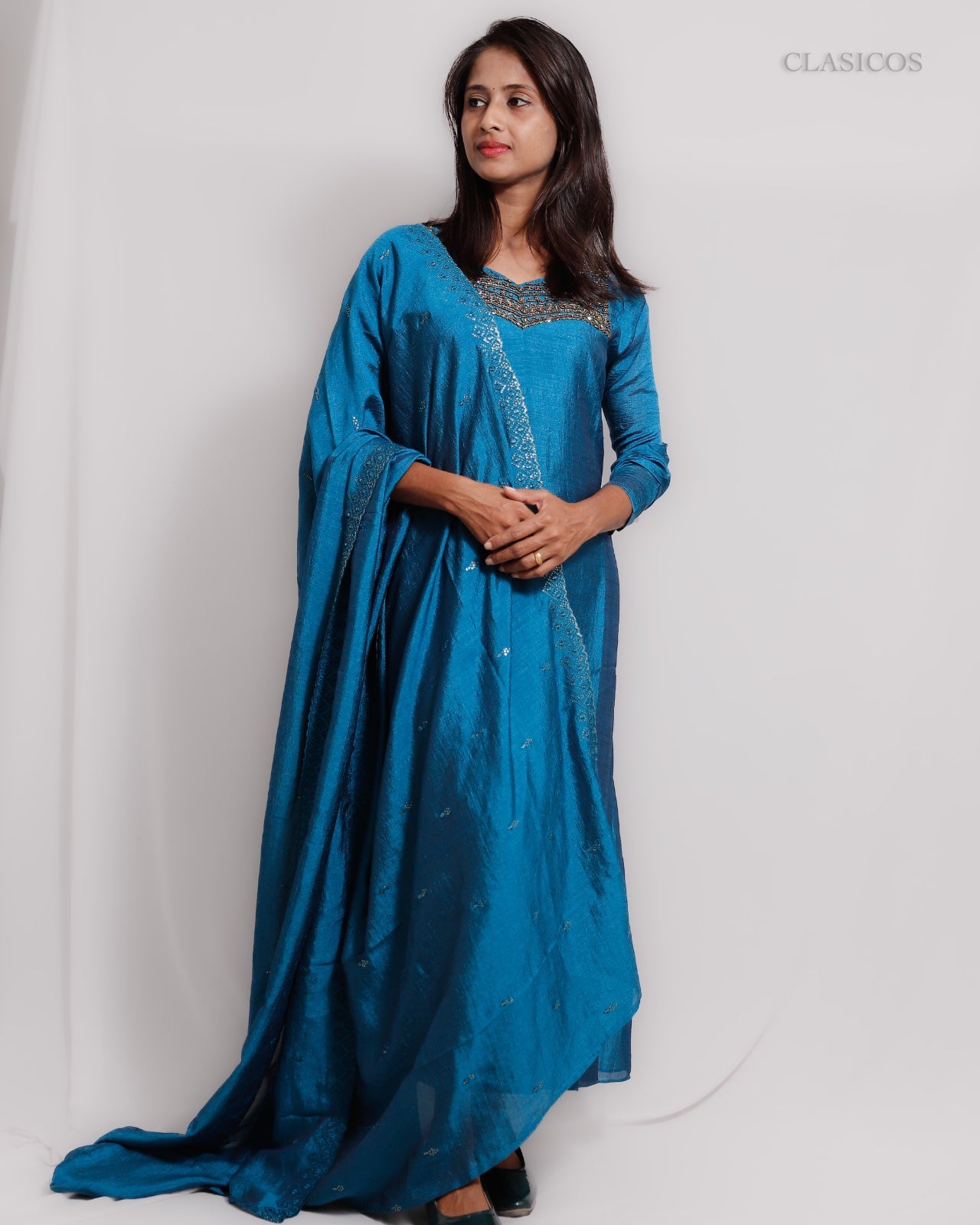 Vijithra Silk Fully Stitched Top and Dupatta Set for Women – Handworked Yoke with Crepe Lining