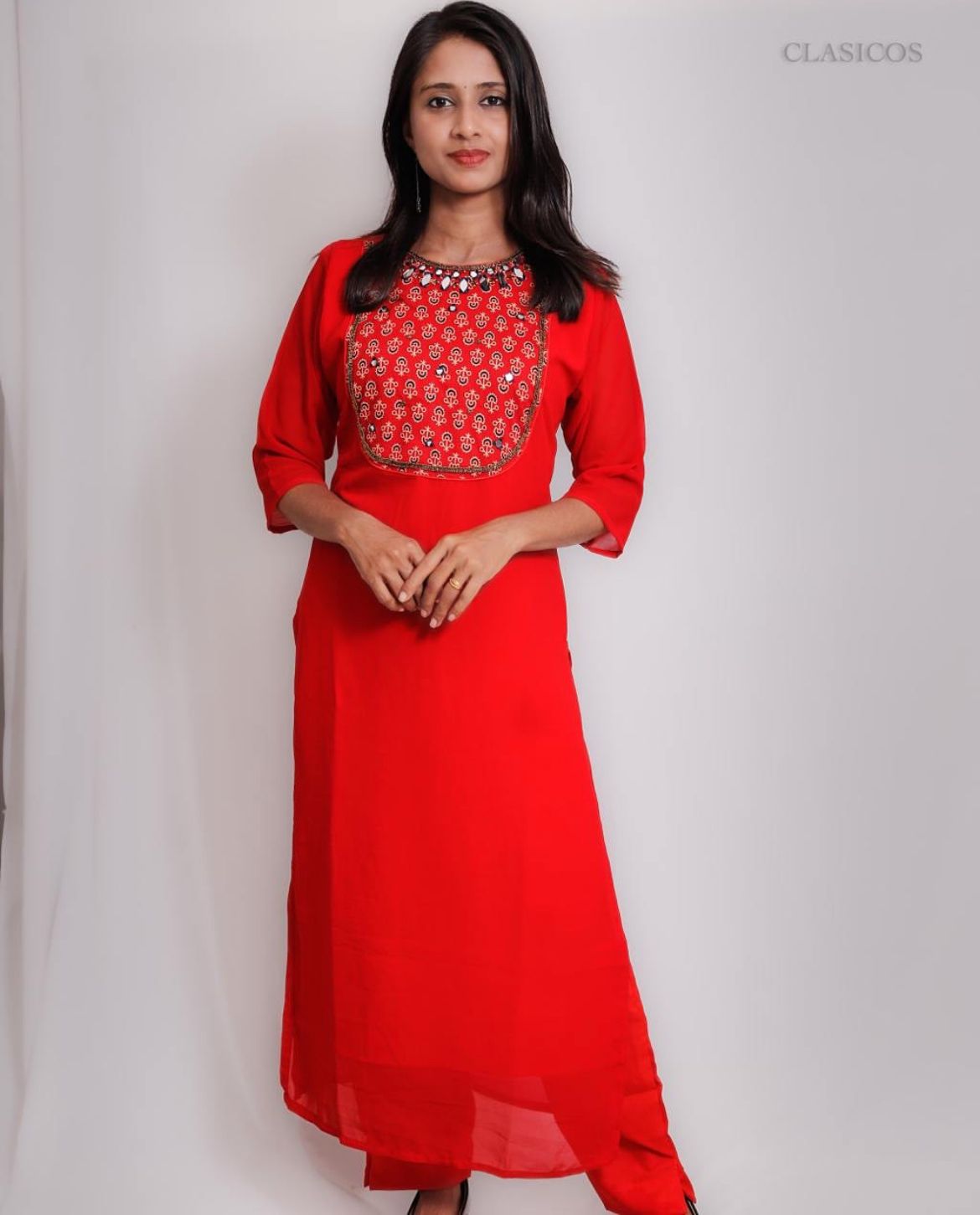 Red Georgette Co-ord Set with Ajrakh Patch & Handwork