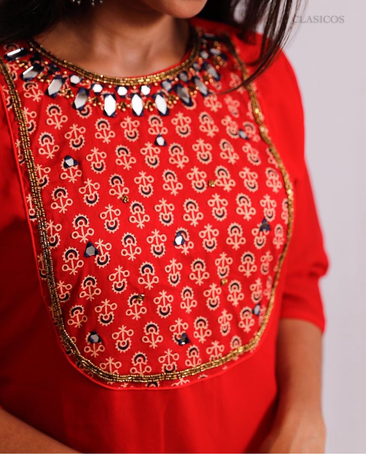 Red Georgette Co-ord Set with Ajrakh Patch & Handwork