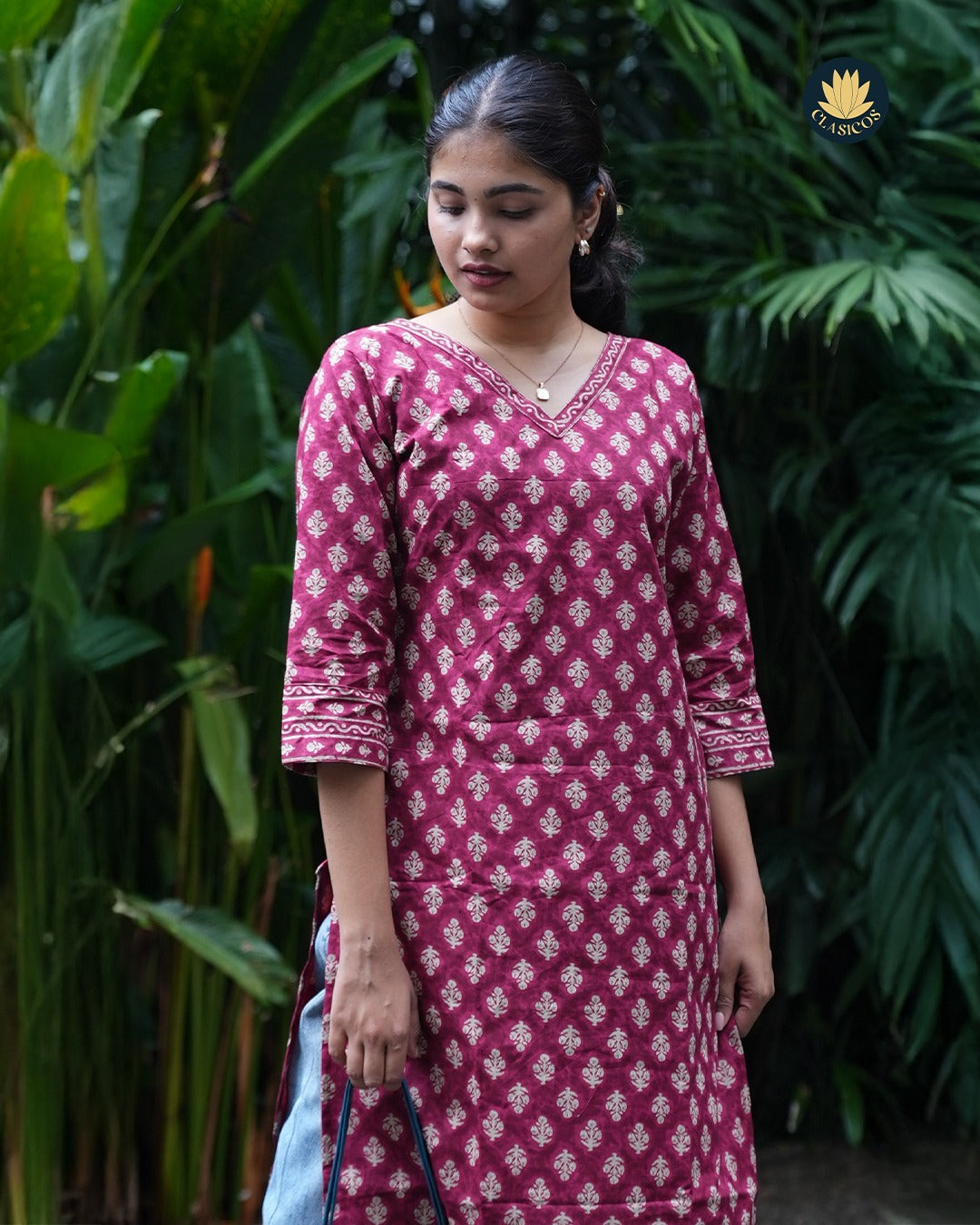 Block Printed Cotton Dress with Slit Detail - CLS0134