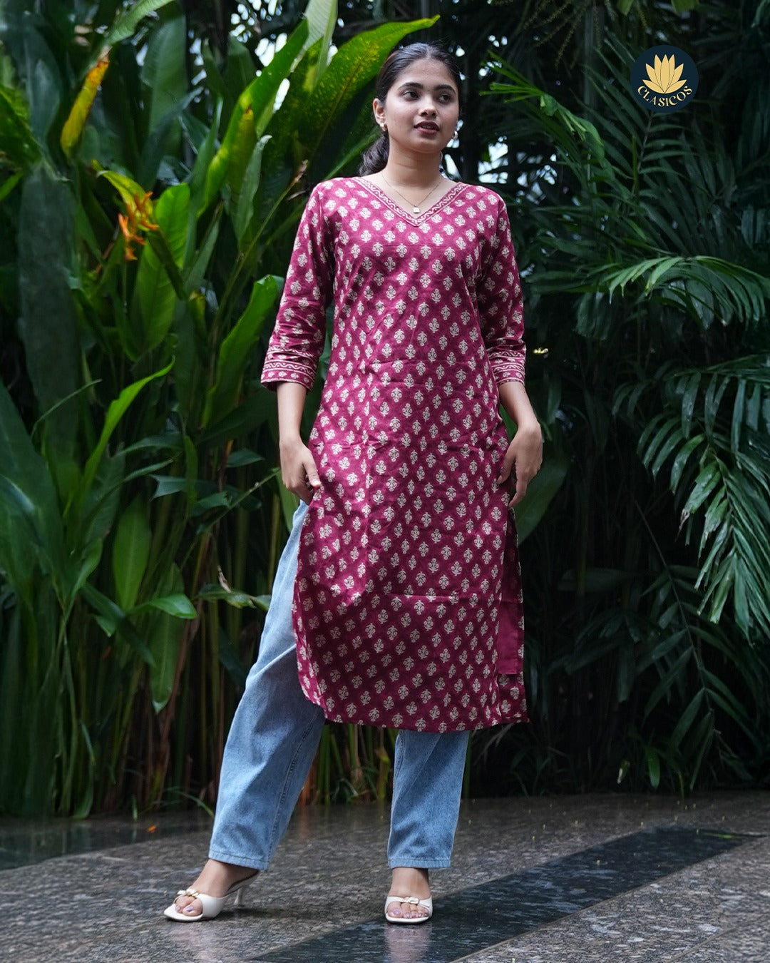 Block Printed Cotton Dress with Slit Detail - CLS0134