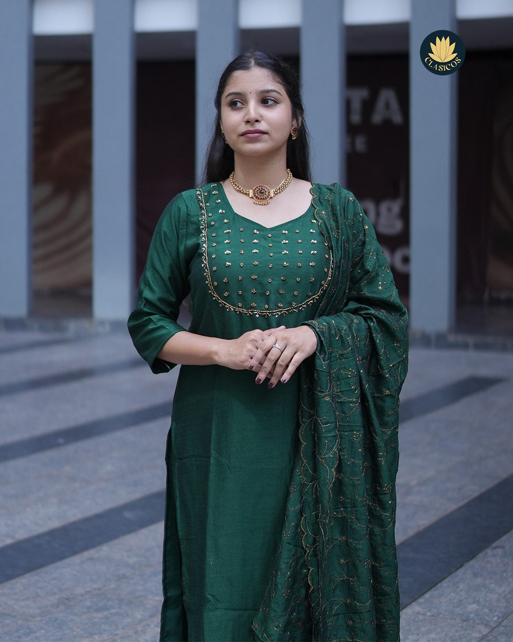 Vijithra Silk Partywear | Rani Pink & Green | CLS0160