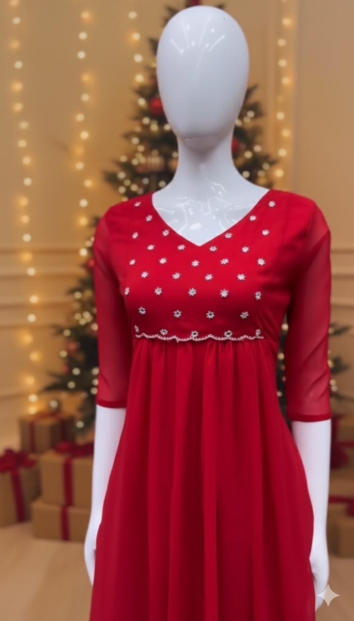 Red Georgette A-Line Dress with Scalloped Yoke & Handcrafted Detailing