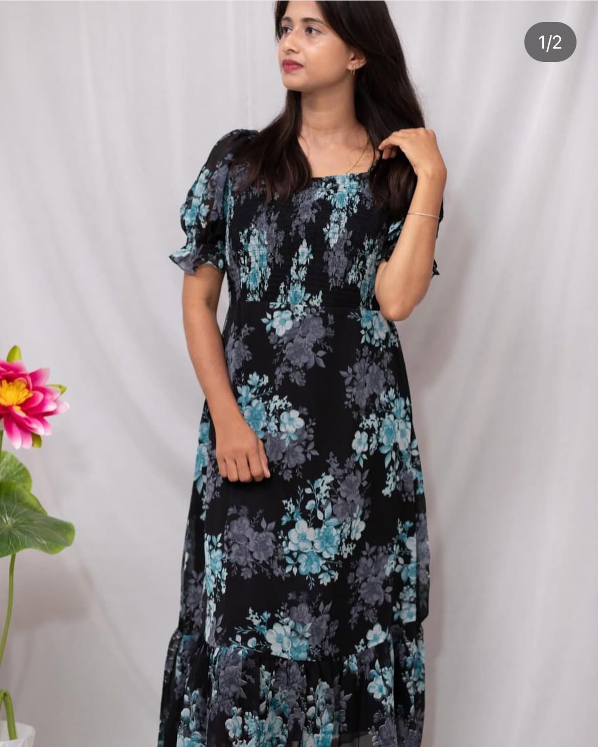Floral Printed Georgette Dress with Smoked Yoke - Black