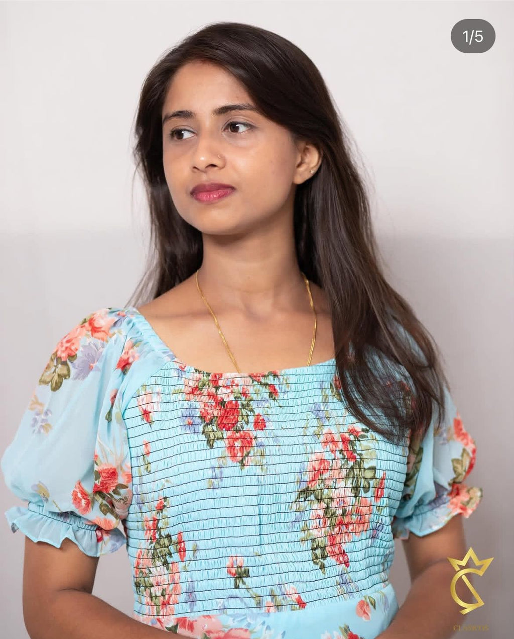 Floral Printed Georgette Dress - Skyblue