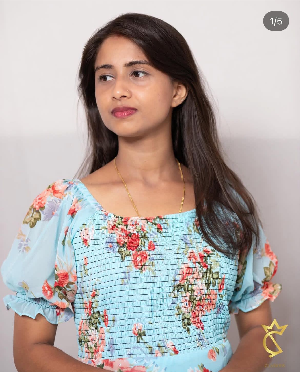 Floral Printed Georgette Dress - Skyblue