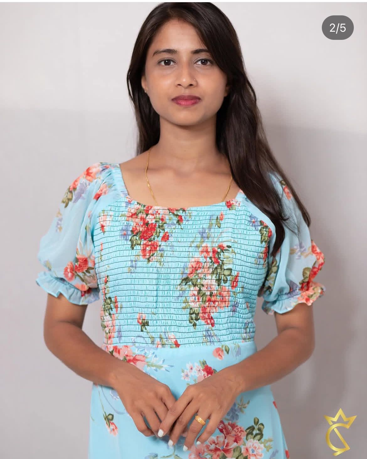 Floral Printed Georgette Dress - Skyblue