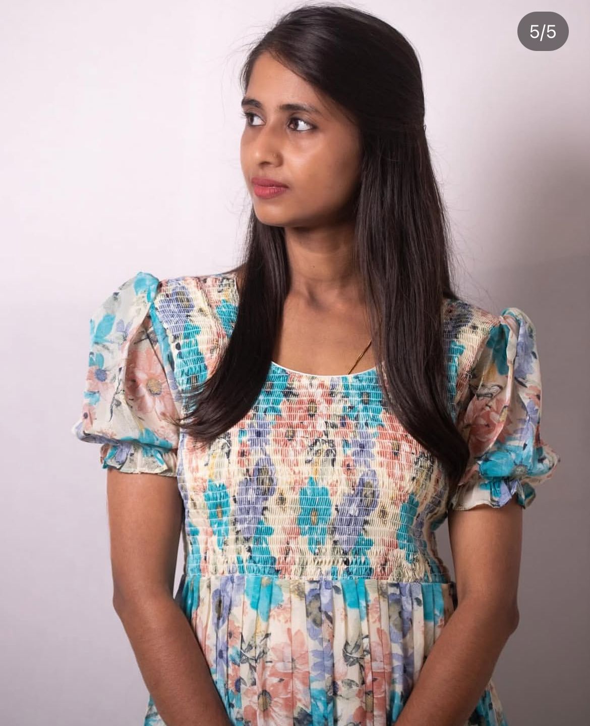 Floral Printed Georgette Dress with Smoked Yoke - Cream