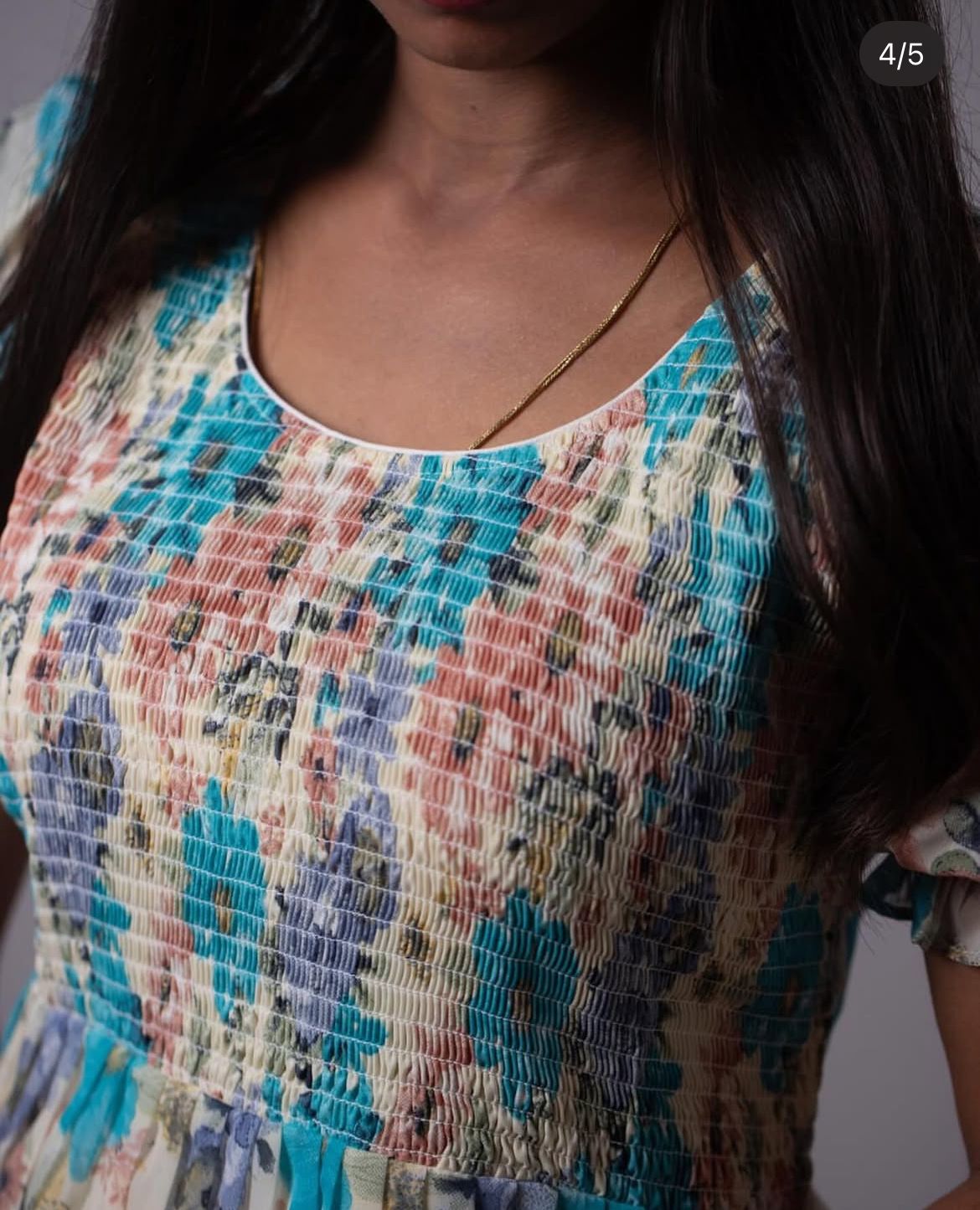 Floral Printed Georgette Dress with Smoked Yoke - Cream