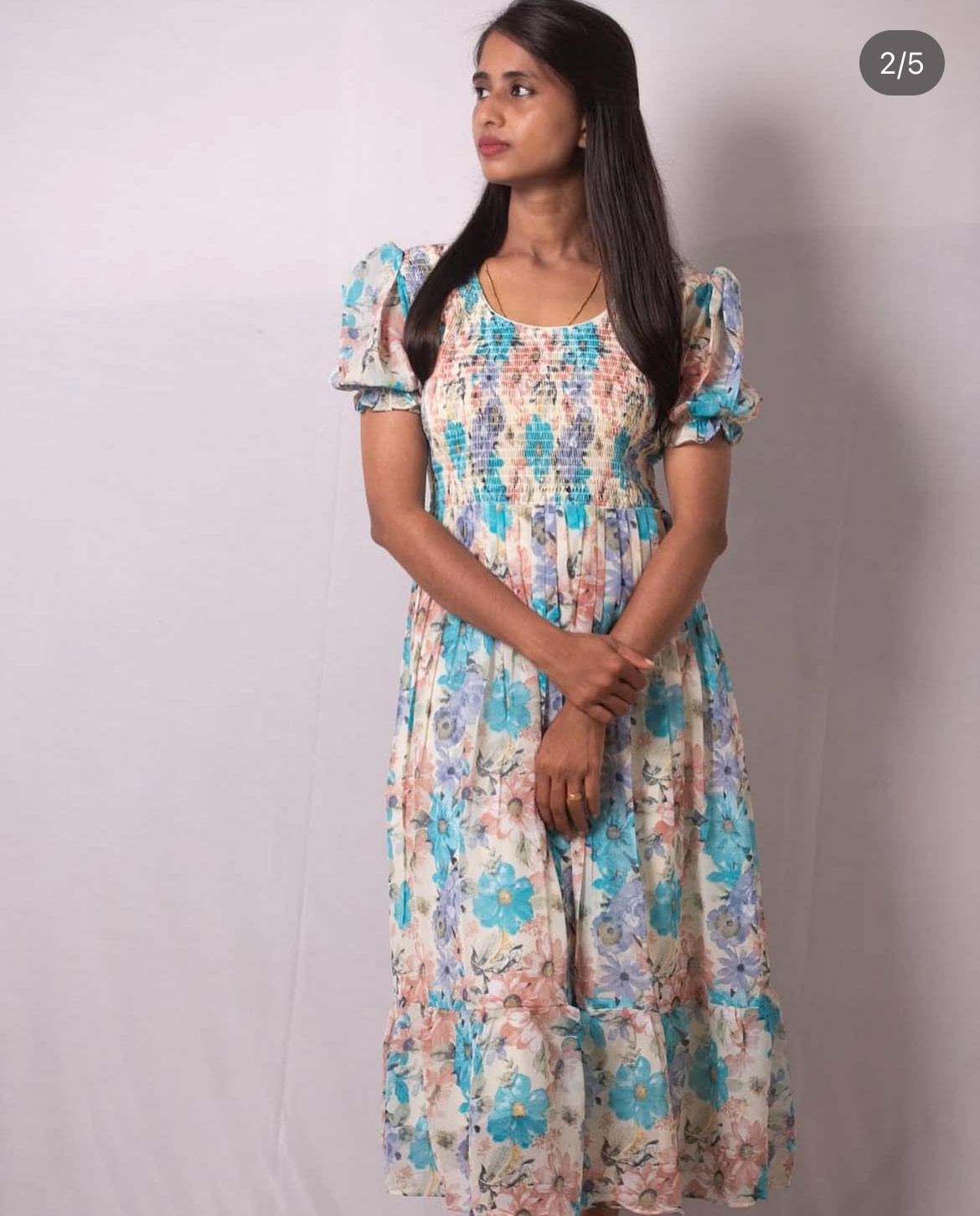 Floral Printed Georgette Dress with Smoked Yoke - Cream
