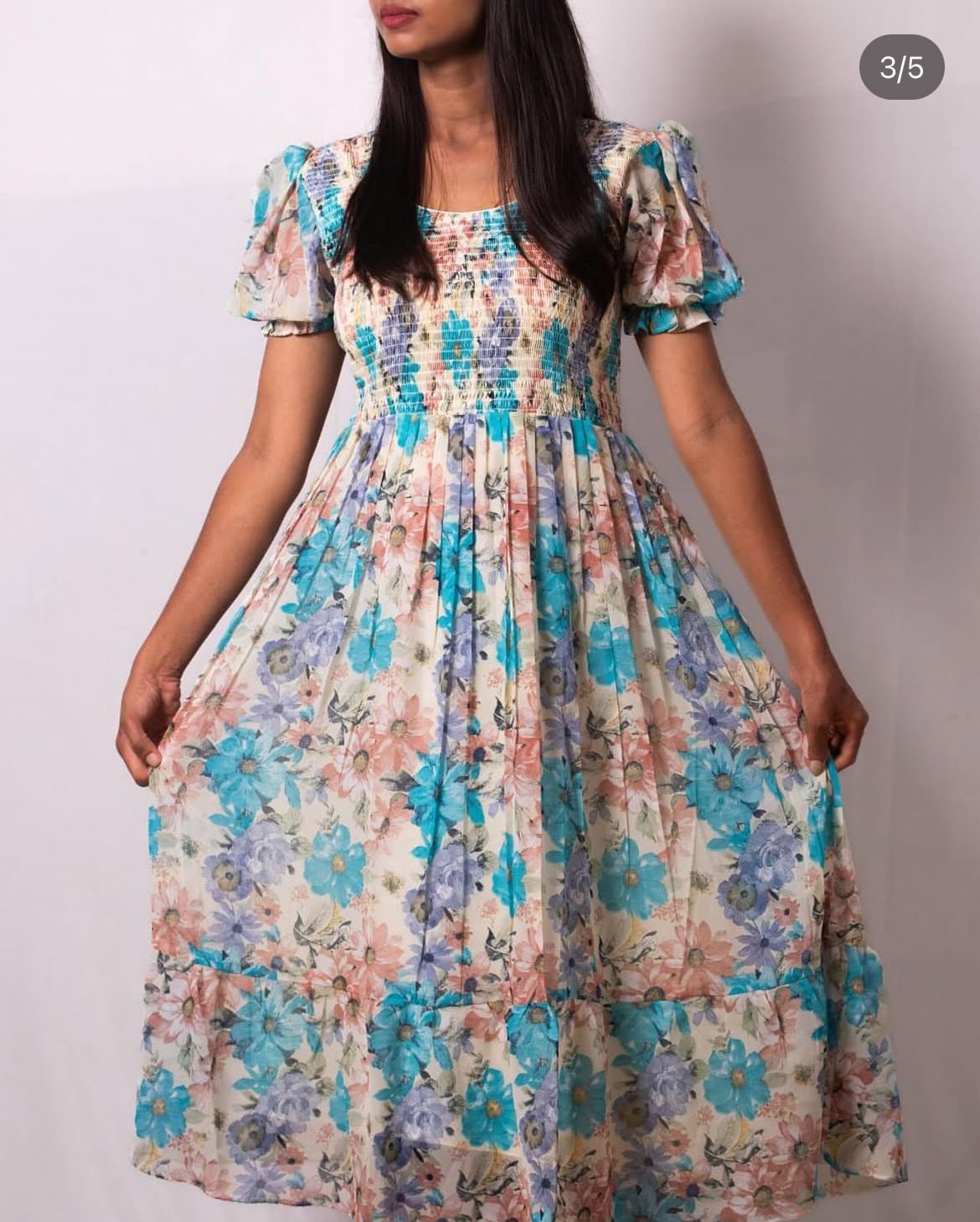 Floral Printed Georgette Dress with Smoked Yoke - Cream