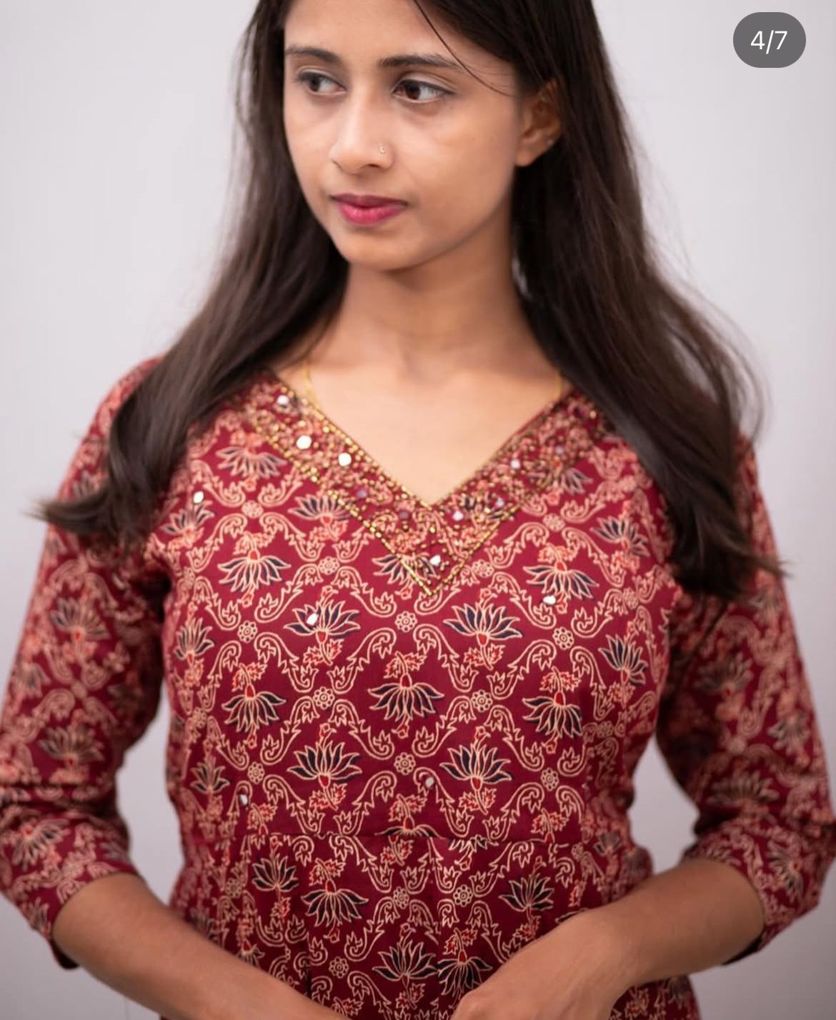 Pure Cotton Ajrakh Printed Panel Cut Dress with Handwork