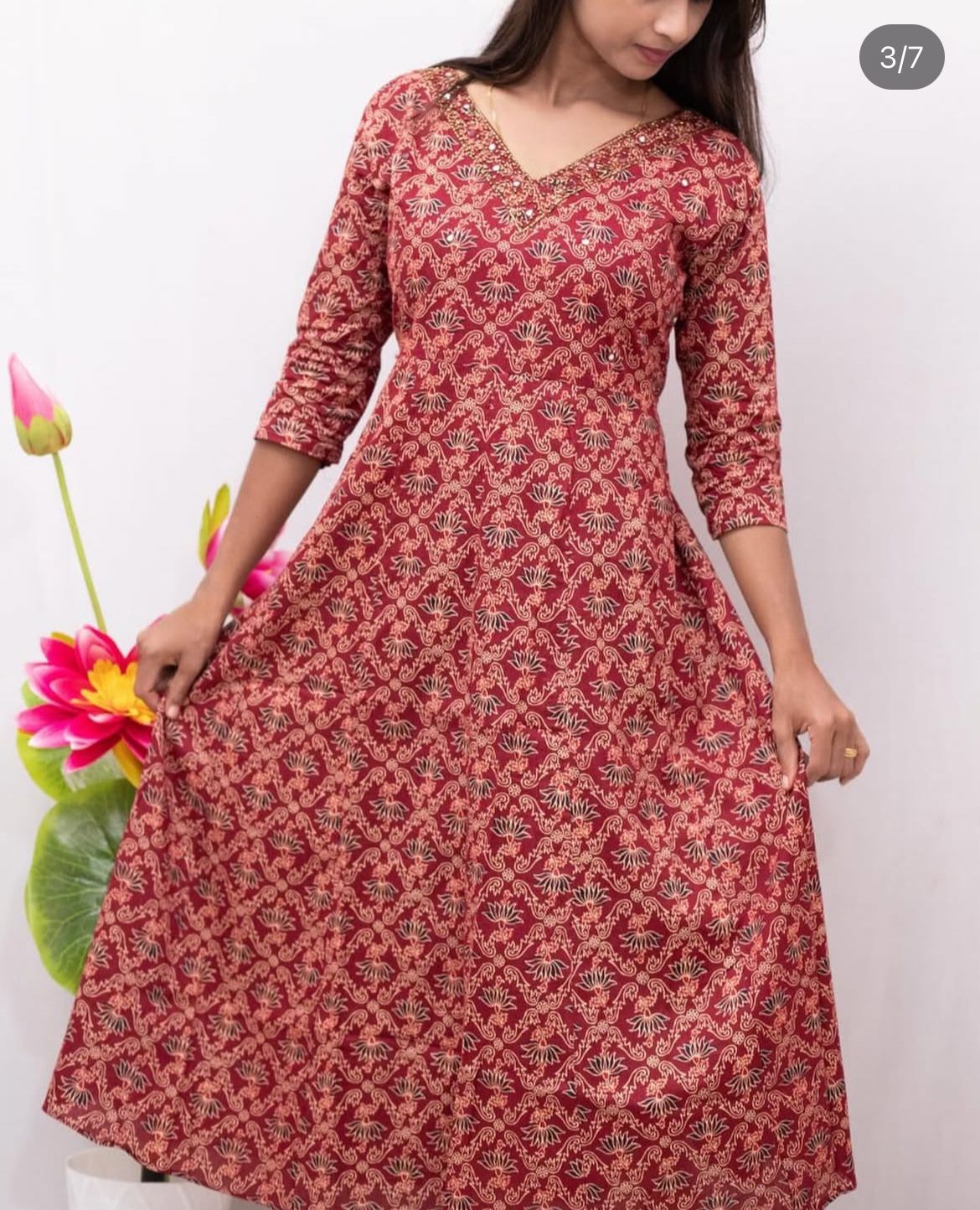Pure Cotton Ajrakh Printed Panel Cut Dress with Handwork