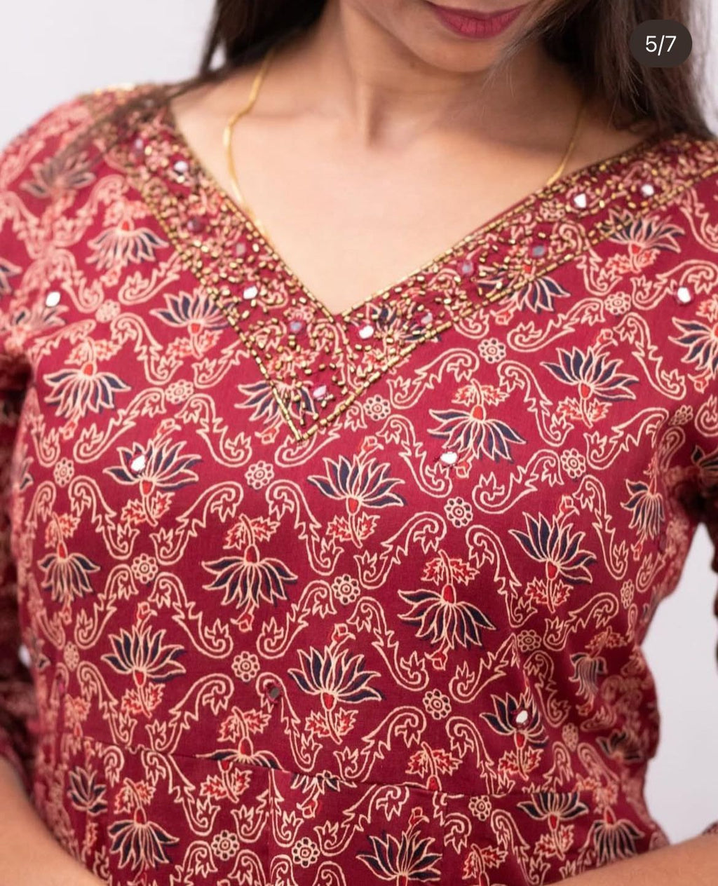 Pure Cotton Ajrakh Printed Panel Cut Dress with Handwork