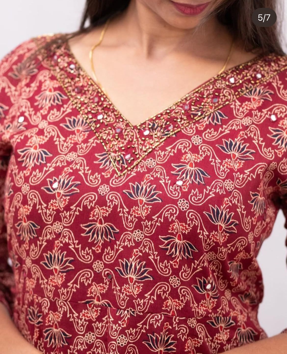 Pure Cotton Ajrakh Printed Panel Cut Dress with Handwork