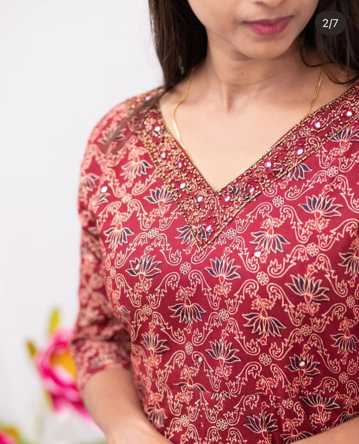 Pure Cotton Ajrakh Printed Panel Cut Dress with Handwork