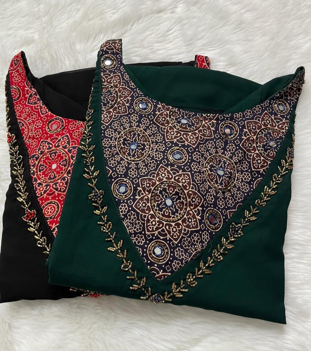 Georgette A-Line Kurti with Ajrakh Patch & Mirror Work on Yoke